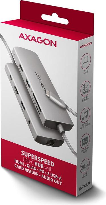 Produktbild Axagon HMC-8HLSA Wieloportowy hub USB-C 3.2 Gen 1 hub, 3x USB-A + 4K/30Hz HDMI + SD/microSD, GLAN, Audio (USB-C, 8 Ports)