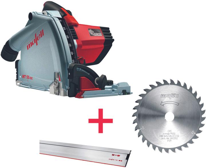for universal use in panel materials, T-MAX transport and storage box, 1x hexagon spanner 5 mm, 1x guide rail (204365), 1x saw blade HM, 1x circular saw blade (092552)