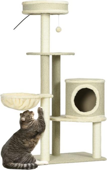 Produktbild Swisshandel24 Kratzbaum 124 cm mit Katzenhöhle, Korb, Spielball, 2 Liegeflächen, bis 5 kg (124 cm, Braun+Beige+Weiss)