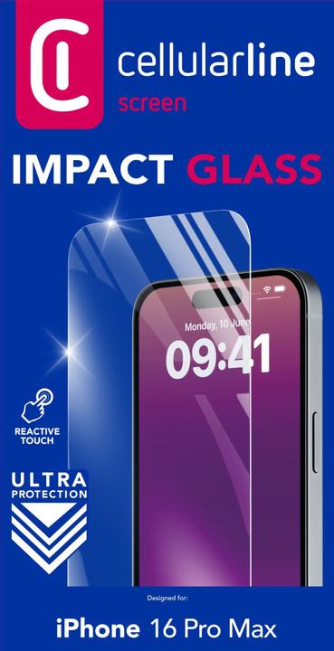Actual product image Cellularline Impact Glass - iPhone 16 Pro Max Thin, tough and super-sensitive tempered glass, Transparent (1 Piece, Apple iPhone 16 Pro Max)