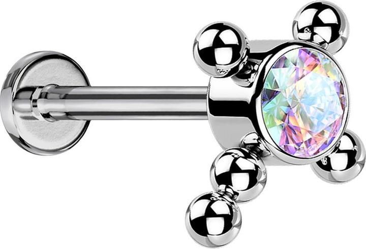 Star Piercing Micro Threadless Labret silber Kreuz Kugeln Kristall multicolor (ohne Messing, Titan G23)