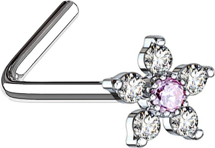 Immagine prodotto Star Piercing Nasenstecker gewinkelt silber Blume mit Kristall pink und silber (Acciaio chirurgico 316L, Ottone)