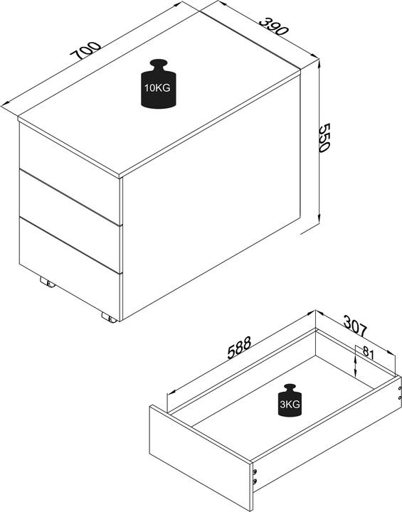 Image du produit VCM Caisson roulant Caisson d'appoint Caisson de bureau à roulettes Dasola 3 tiroirs (39 x 70 x 55 cm)