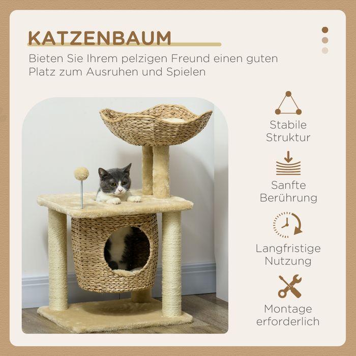 Produktbild Swisshandel24 Kratzbaum Klein, 74 cm mit Katzenhöhle, Spielball, mit Bett, bis 5kg, Beige (74 cm, Beige)