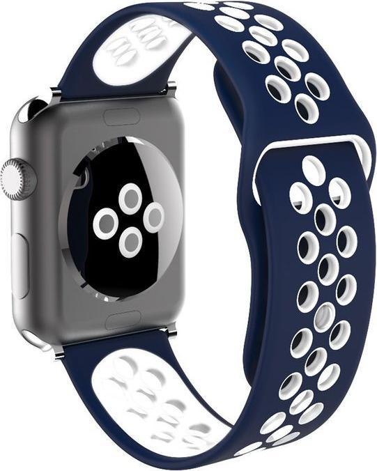 Produktbild Hermex Apple Watch 44mm / 42mm S / M Silikon Sport Armband Strap Soft BLAU WEISS (42 mm, 44 mm, Silikon, M)