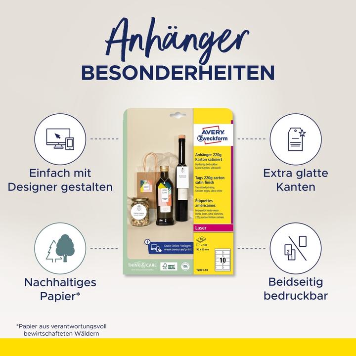 Produktbild Avery Zweckform Anhänger, Karton, 220 g/qm, 50 x 50 mm, weiss satiniert, absolut glatte Kanten, beidseitig
