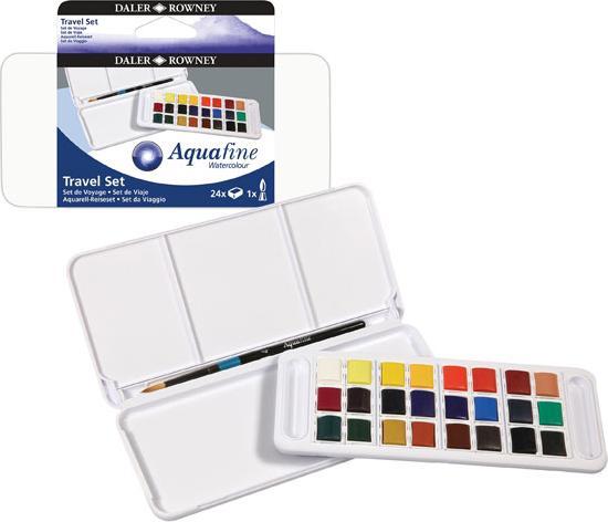 Produktbild Daler-Rowney Aquarellfarbe Aquafine New (Kadmiumgelb, alizarinkarmesin, Chromoxidgrün, Ultramarinblau dunkel, Blattgrün, Gummigut, Zitronengelb, Portraitrosa, Preussichblau, Kobaltviolett, Zinnober, Kobaltblau, Chinesischweiss, Kadmiumrot, Colin Blau, Hook. kleiner Aquarellpinsel, Purpurlack)