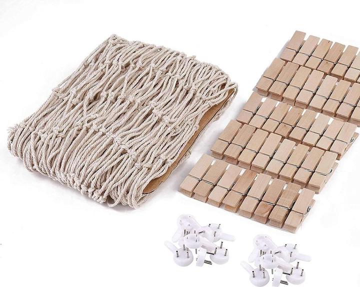 Produktbild Esmée Wandnetz Fotohalter Organizer Deko Fischernetz inkl. Holz Klammern + Wandhalterung 200x100cm (Pinnwand)