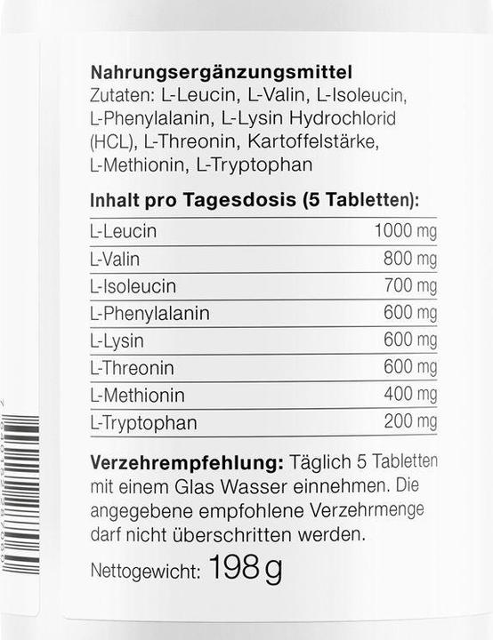 Nutritional values and ingredients Effective Nature EAA Essential Amino Acids 180 Tabs (180 Piece, Pills, 180 g)