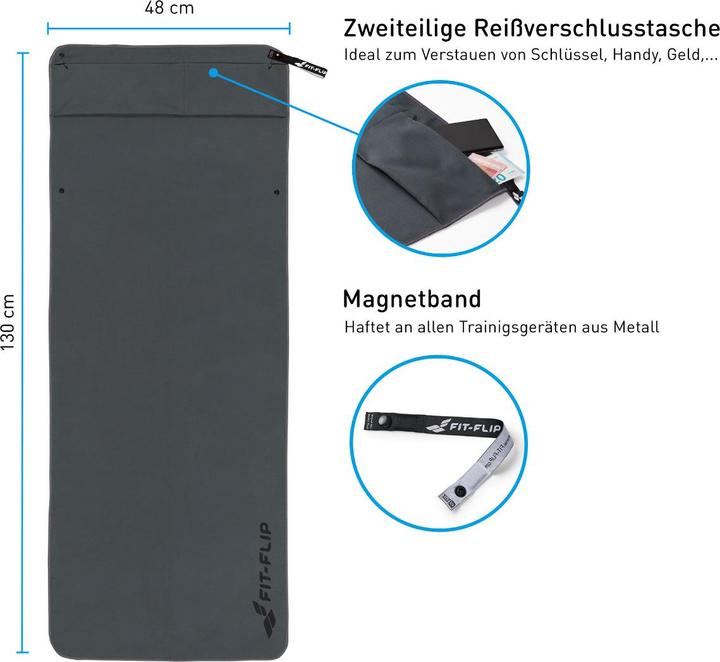 Image du produit Fit-Flip Fitnesshandtuch Mikrofaser mit Reissverschlusstasche 130x48cm (130 x 48 cm)