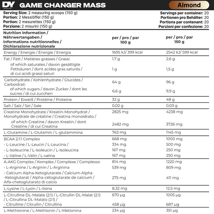 Nährwerte und Zutaten DY Nutrition Game Changer Mass (Mandeln, 3000 g)