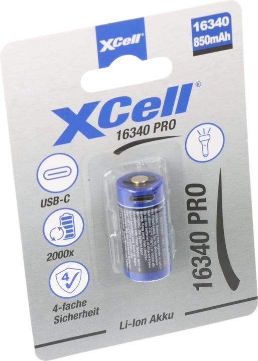 Image du produit XCell Batterie Pro 16340, CR123A protégée, avec prise de charge USB-C (1 pcs, RCR123A, 850 mAh)
