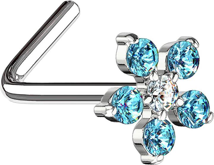 Produktbild Star Piercing Nasenstecker gewinkelt silber Blume Kristall aqua (Chirurgenstahl 316L, Messing)