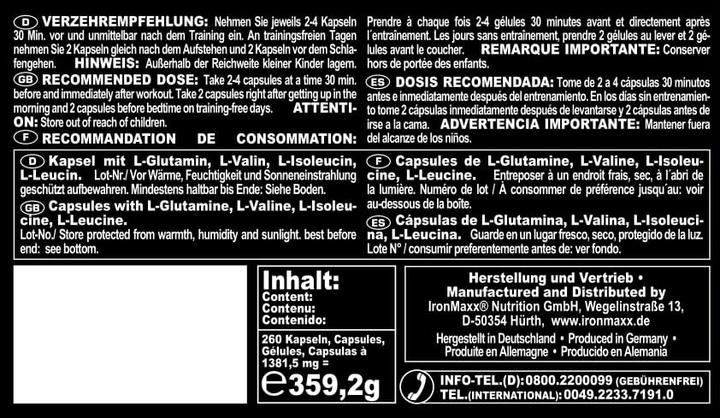 Nährwerte und Zutaten IronMaxx BCAAs und Glutamin 1200 (260 Stück, Kapseln, 357 g)
