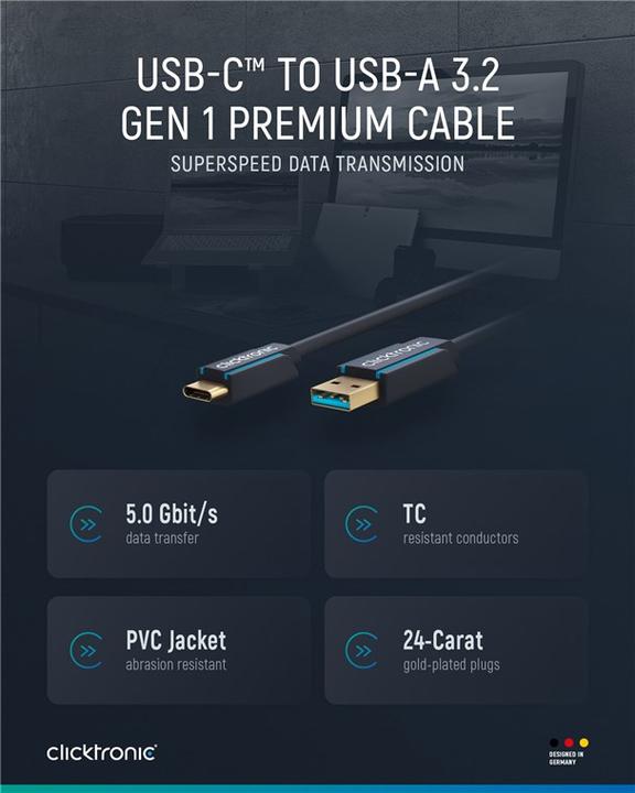 Image du produit clicktronic Câble adaptateur USB-C - USB-A, haute vitesse (2 m, USB 3.0)