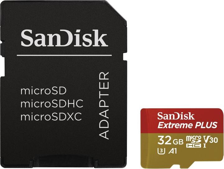 Image du produit SanDisk microSDHC 100MB A1 32GB Extreme Plus Plus (32 Go, microSDHC, U3, UHS-I)