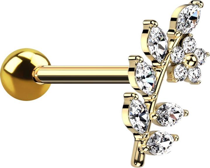 Hollywood Body Jewelry Micro Barbell vergoldet mit Kugel Rebe mit Blume Kristalle silber (Surgical steel 316L, Brass)