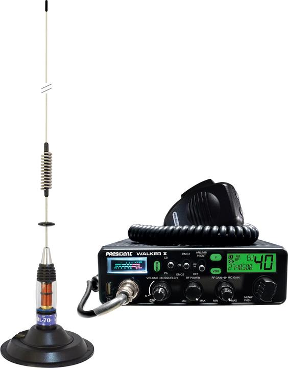 PNI Paket CB-Funkgerät President WALKER II ASC + CB-Antenne ML70, Länge 70 cm, 26-30 MHz, 200 W
