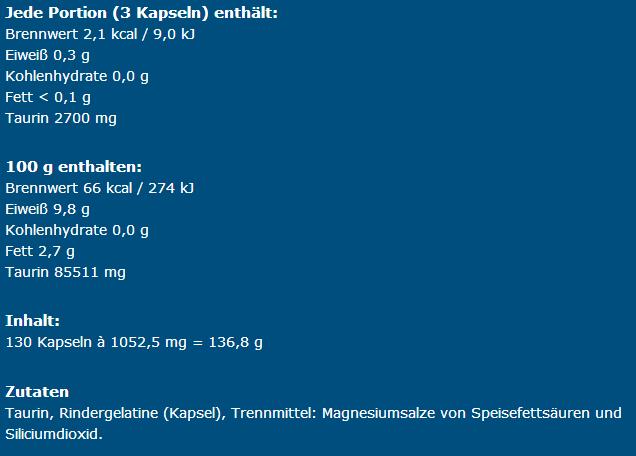 Valori nutrizionali e ingredienti IronMaxx Taurina (130 Pezzo/i, Pillole)