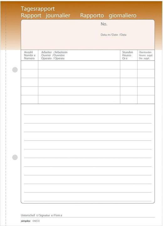 Image du produit Simplex Cahier autocopiant Rapports journaliers Oneco (100 x)