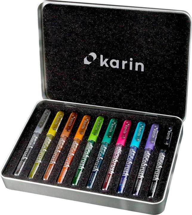 Actual product image Karin Brush Marker Pro Metall Box (Metallic Silver, Metallic Blue, Metallic Red Gold, Metallic Violet, Metallic Light Green, Metallic Black, Metallic Green, Metallic copper, Metallic Pink, Metallic Gold, 10 x)