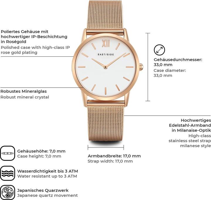 Produktbild Eastside Damen Quarzuhr Upper Union Edelstahl roségold - 9770 (Analoguhr, 33 mm)