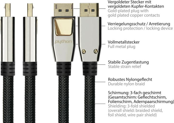Actual product image Python Connection cable DisplayPort 1.2, 4K / UHD @60Hz, full metal connector, gold-plated contacts, OFC (10 m, DisplayPort)
