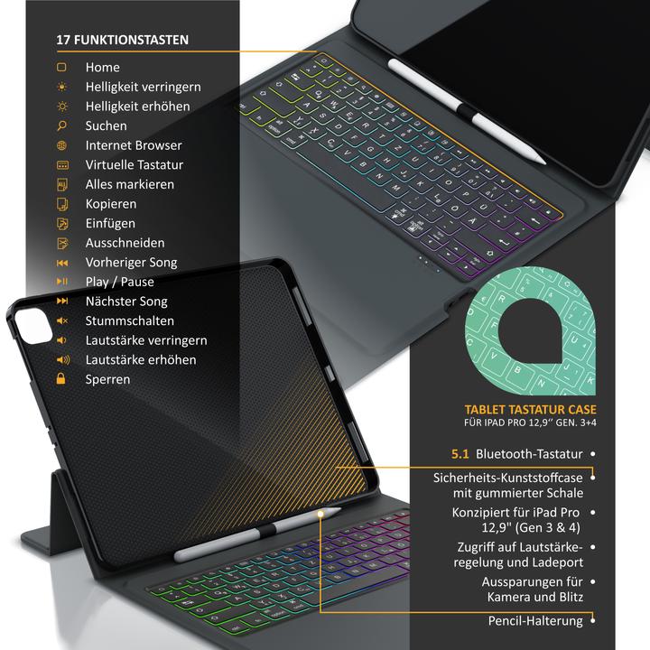 Produktbild Aplic Bluetooth Tablet Tastatur für iPad Pro 12,9 Zoll Gen 3 + 4, 500 mAh Akku, Keyboard mit Case (DE)