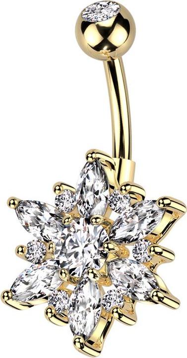 Produktbild Star Piercing Banane vergoldet mit Kugel vergoldet Kristall silber und Blume Kristalle silber und silber (Chirurgenstahl 316L, Messing)