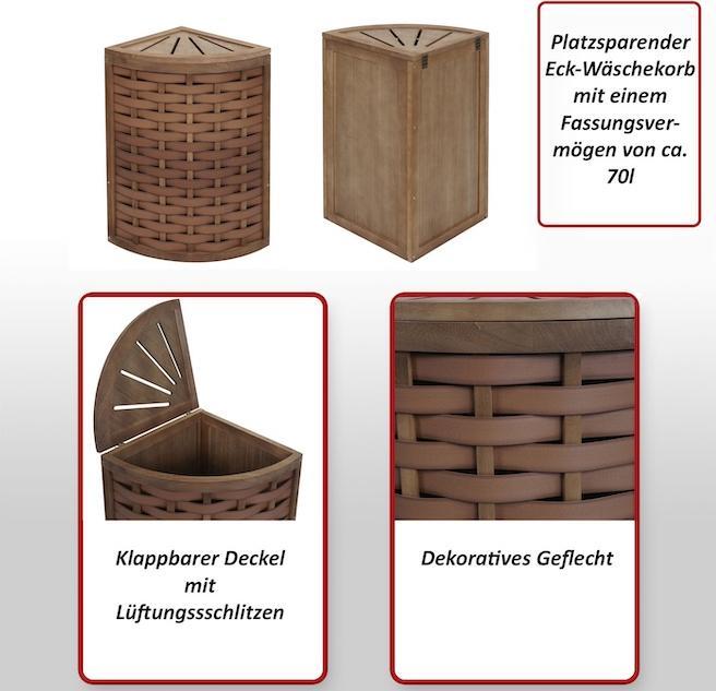 Image du produit Swisshandel24 Panier à linge d'angle HWC-H87, Bac à linge Collecteur de linge Trieur de linge, bois 70L 66x53x38cm (70 l)