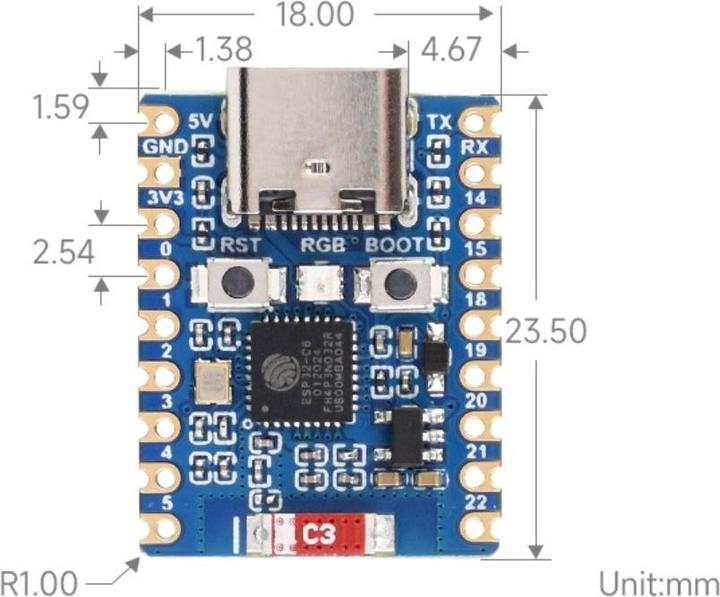 Actual product image WaveShare ESP32-C6 Zero Mini development board with headers
