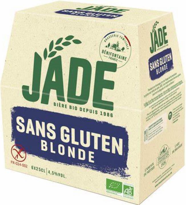 Actual product image Jade Organic Blonde Beer Gluten free. During its brewing, during the fermentation stage, gluten is remove (6 x 25 cl)