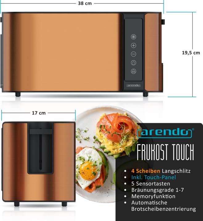 Actual product image Arendo Toaster Edelstahl 4-Scheiben Langschlitz, Display mit Restzeitanzeige, Touchpanel, Brötchenaufsatz
