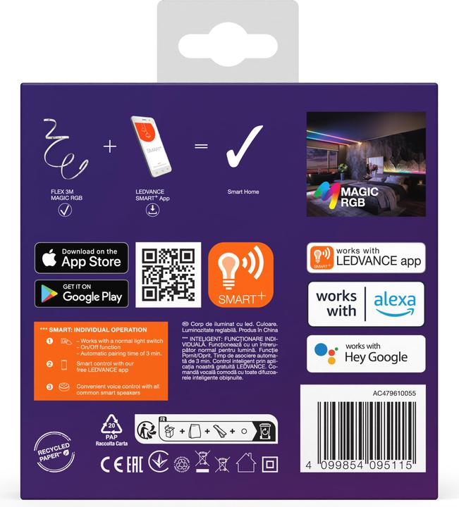Image du produit Ledvance Bande LED intelligente WiFi "MAGIC FLEX", 3m + télécommande, RGB (Multicolore, 300 cm, Intérieur)