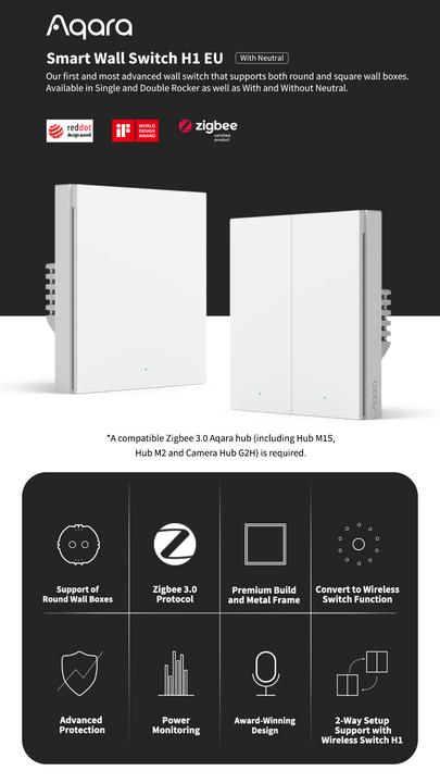 Actual product image Xiaomi Smart Wall Switch H1 White With Neutral, Double Rocker (Zigbee)