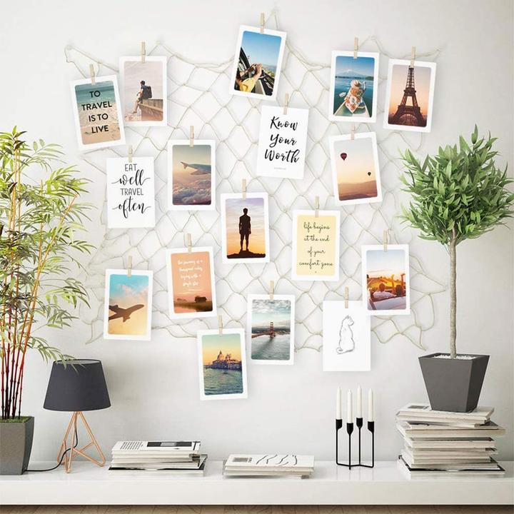 Produktbild Esmée Wandnetz Fotohalter Organizer Deko Fischernetz inkl. Holz Klammern + Wandhalterung 200x100cm (Pinnwand)
