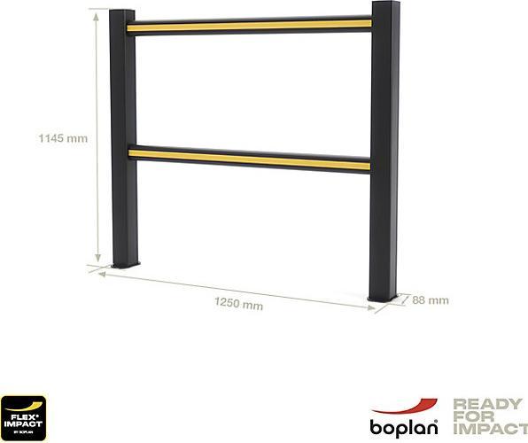 Actual product image kaiserkraft FLEX IMPACT handrail system, black posts - black/yellow struts, width 1250 mm.