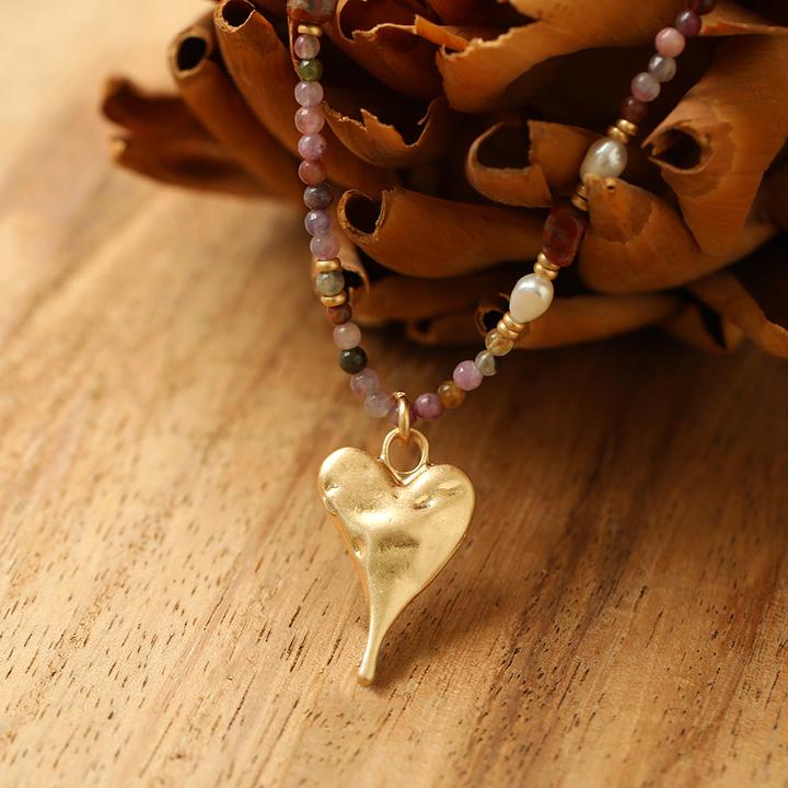 Image du produit Andreani Collier avec petit pendentif coeur en véritable jaspe léopard (doré)