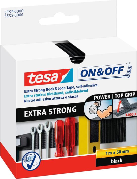 tesa On&Off hook and loop tape, self-adhesive hook and loop strips (50 mm)