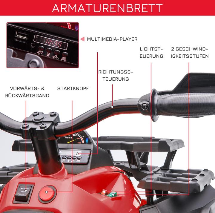 Produktbild Swisshandel24 Kinderelektro-Auto Elektro-Quad, Scheinwerfer, MP3-Musikplayer, 3-5 Jahre, 3-8 km/h, Metall, Rot, 10 (12 V)