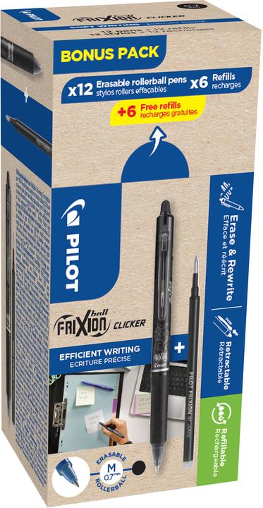 Actual product image Pilot FriXion Clicker 0.7 Bonuspac 12 stylos + 12 recharges (Black, 12 x)