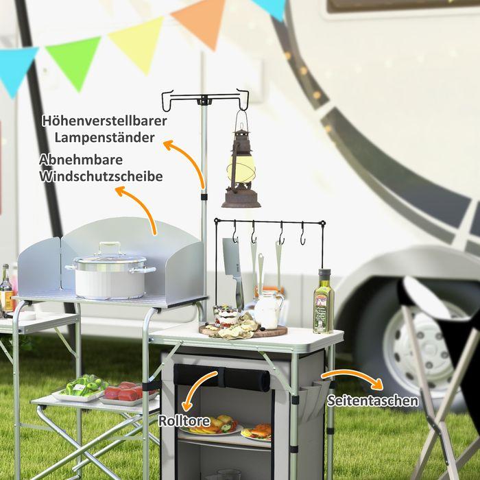 Produktbild Swisshandel24 Campingküche, faltbar, 3 Arbeitsplatten, Windschutz, Stoffschrank, 144x48x119cm, Silber
