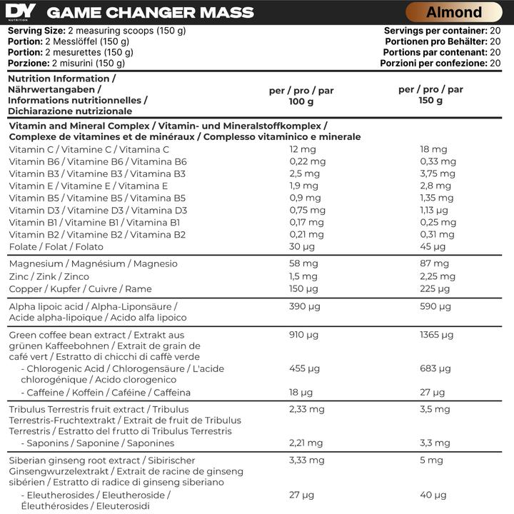 Nährwerte und Zutaten DY Nutrition Game Changer Mass (Mandeln, 3000 g)