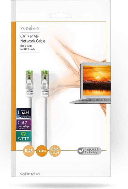 Image du produit Nedis CCGP85420WT30 Câble Cat 7 PiMF RJ45 mâle RJ45 mâle 3.00 m Rond LSZH Blanc Sac plastique (S/FTP, CAT7, 3 m)