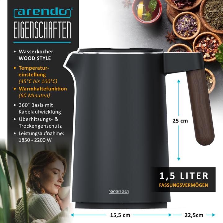 Actual product image Arendo Stainless steel kettle 1.5 L, 2200 W, temperature setting 45°C - 100°C, keep warm function, black (1.50 l)