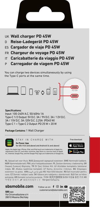 Immagine prodotto SBS Caricabatterie con due porte USB-C, 45 Watt Power Delivery (45 W)