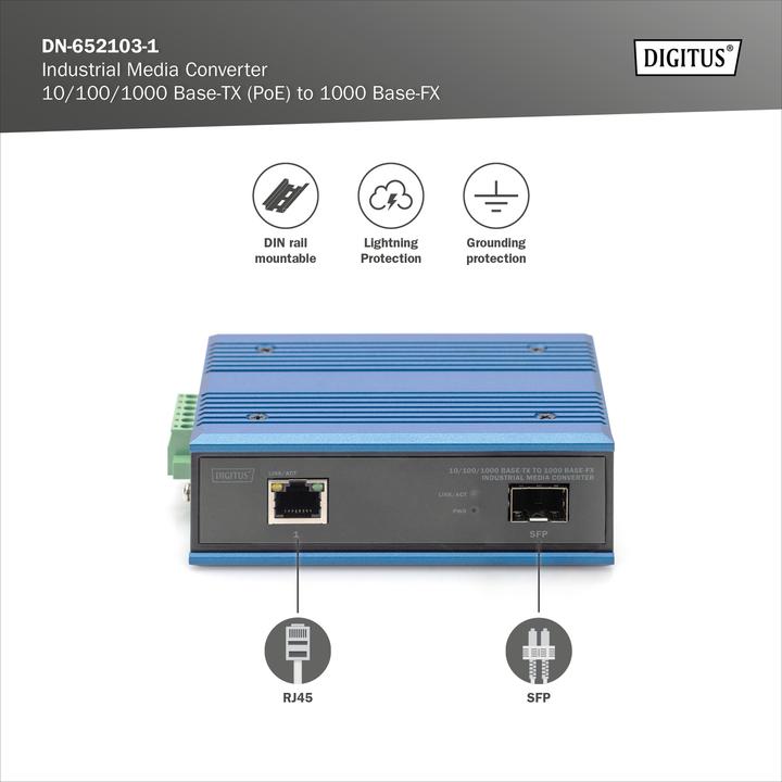 Image du produit Digitus 10/100/1000 Base-TX to 1000 Base-FX Industrial Media Converter (2 Ports)
