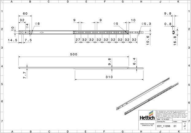 Produktbild Hettich Schubladenschiene Teilauszug 500 mm verzinkt 9136703 2 Stück