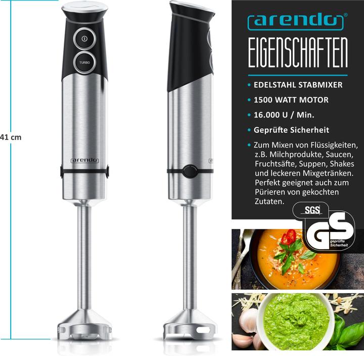 Produktbild Arendo Stabmixer Edelstahl, 1500 W, elektrischer Pürierstab, stufenlose Geschwindigkeit + Turbotaste