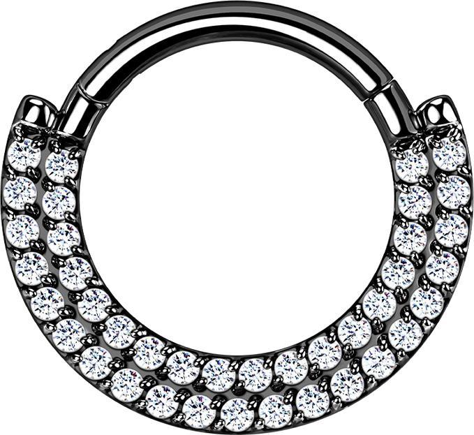 Produktbild Star Piercing Micro Segmentring klappbar schwarz Schild doppel front Kristalle silber (Titan G23, ohne Messing)